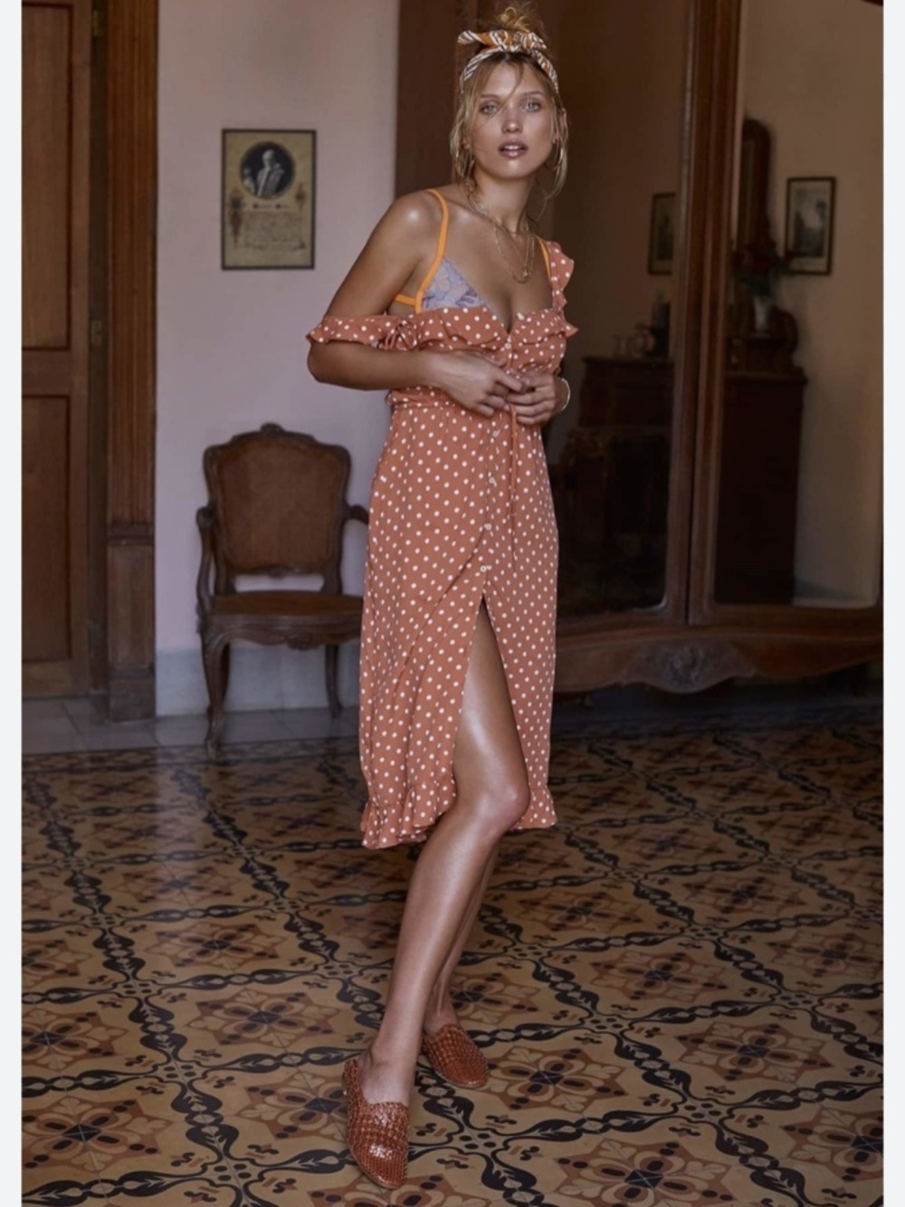 For Love and Lemons Natalia Midi Polka Dot Orange Saffron Dress XS